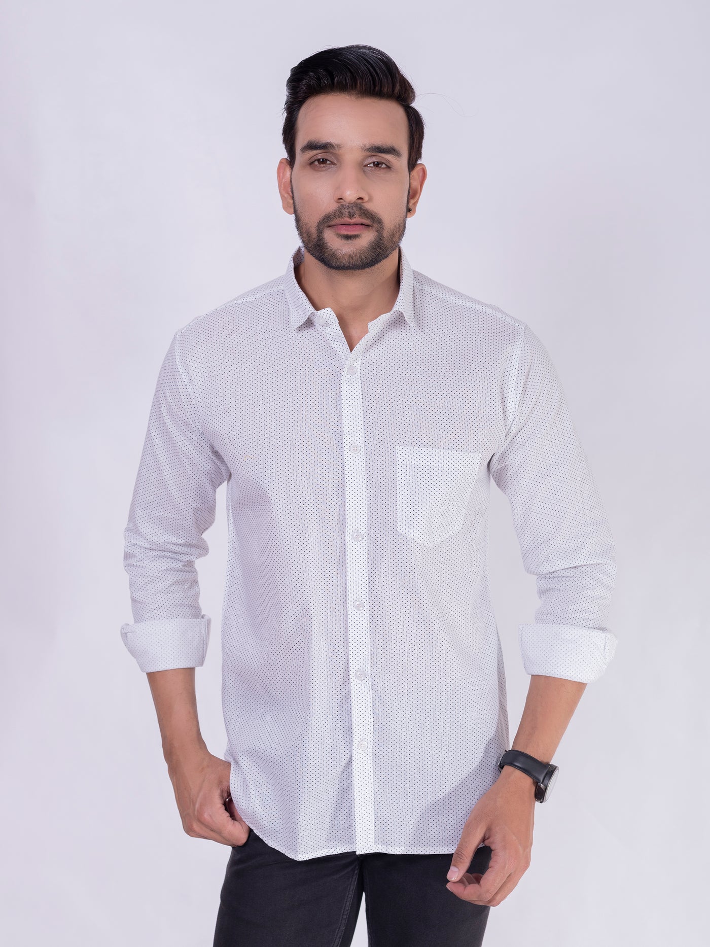 MARK- Men's Cotton White Dotted Party Shirt