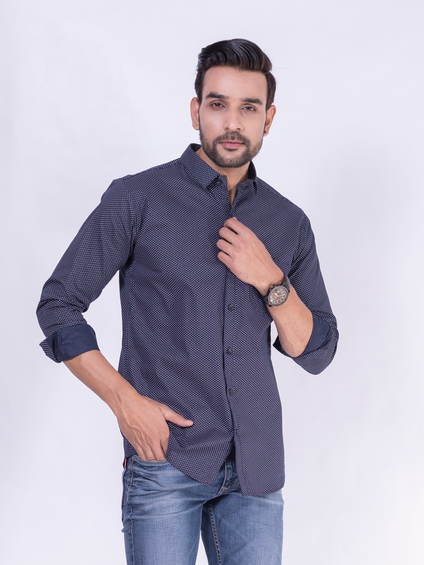 MARK II- Men's Cotton Blue Dotted Party Shirt