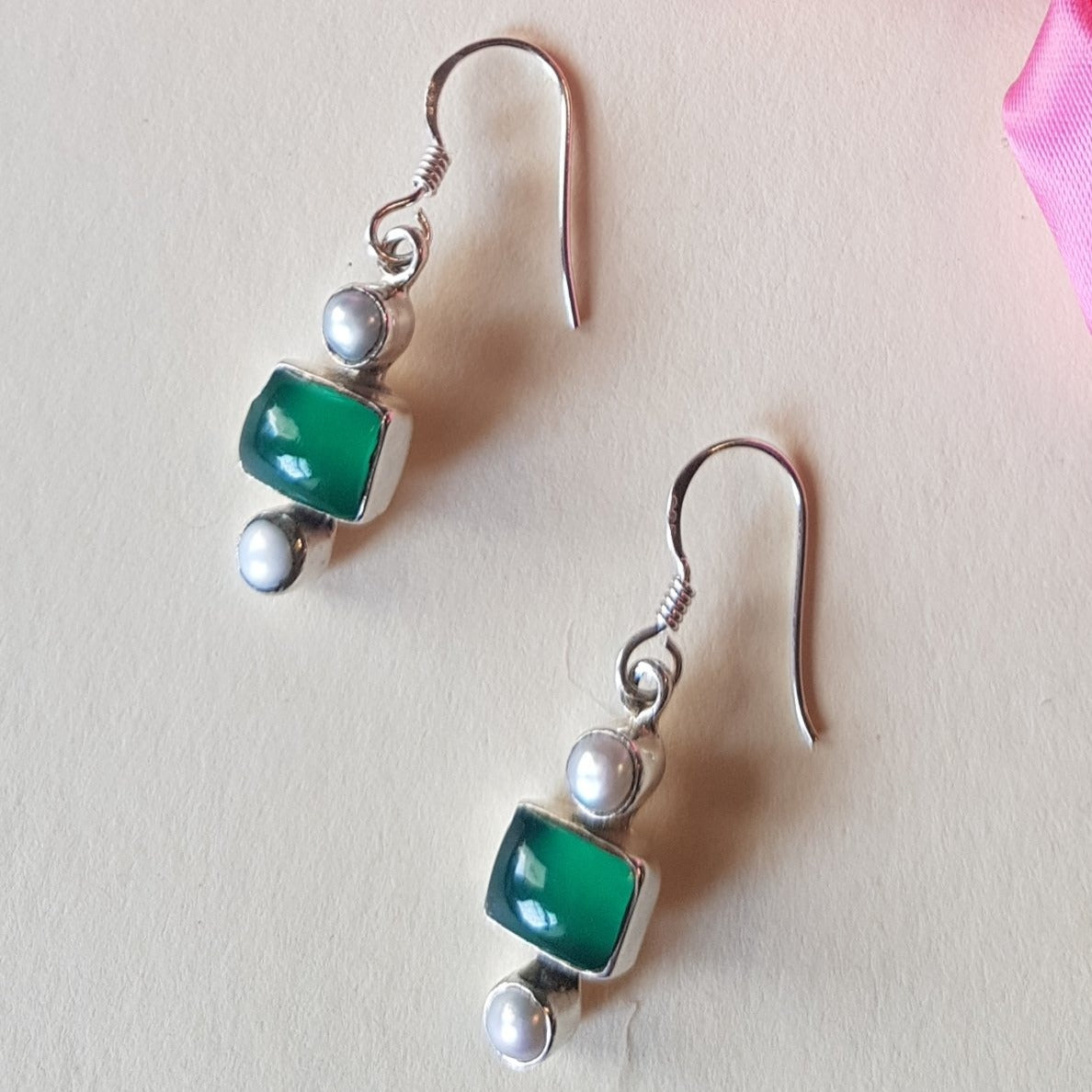 92.5 Pure Silver Green Onyx Pearl Earrings