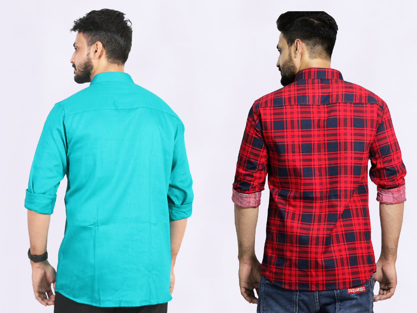 Men's Cotton Red Check & Rama Green Plain Shirt Combo