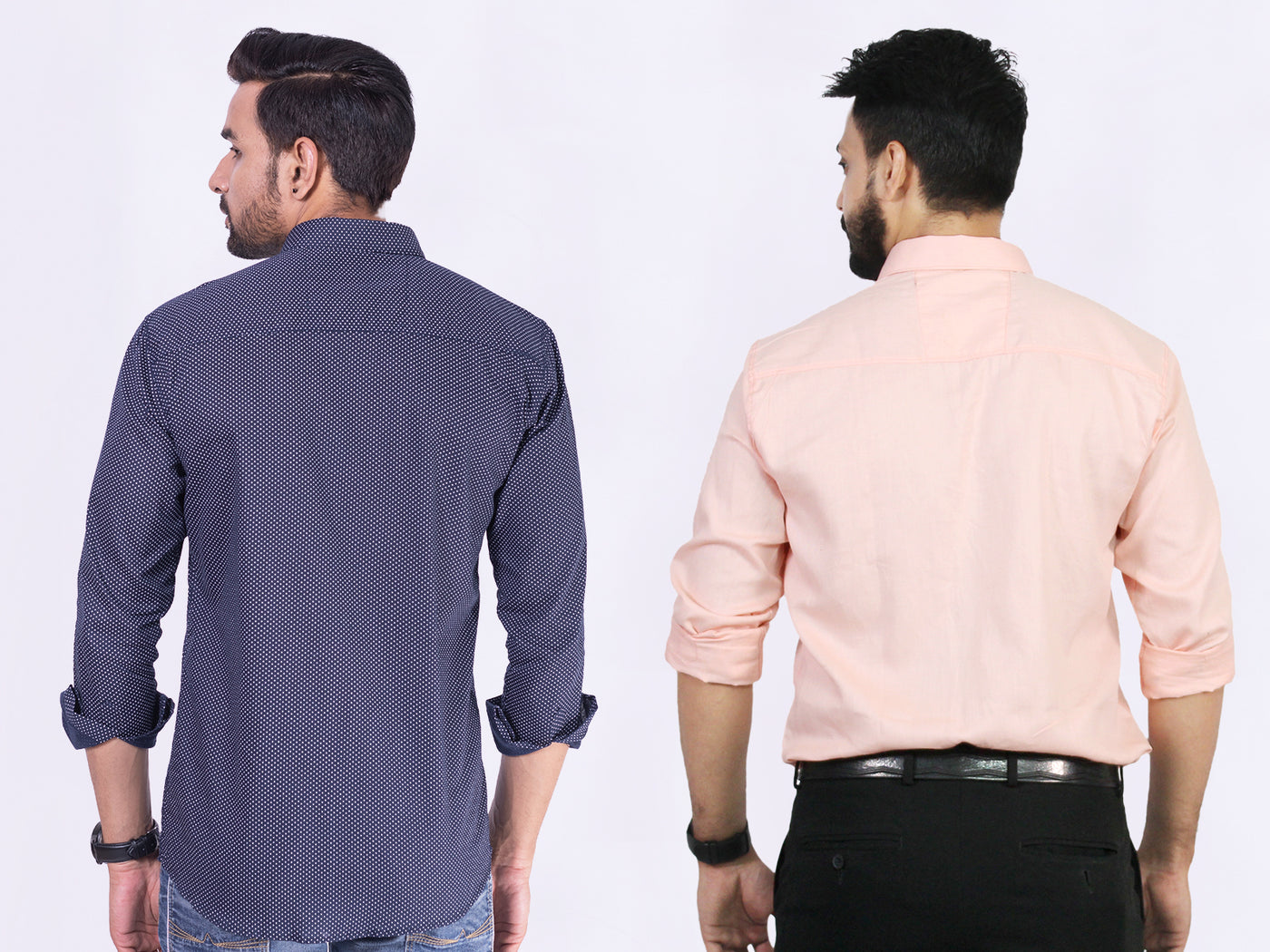 Men's Cotton Blue Dotted Peach Plain Shirt Combo