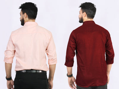 Men's Cotton Peach Maroon Shirt Combo