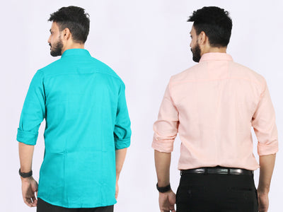 Men's Cotton Peach & Teal Plain Shirt Combo