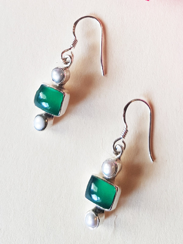 92.5 Pure Silver Green Onyx Pearl Earrings