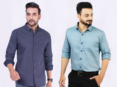 Men's Cotton Blue Dotted Grey Plain Shirt Combo