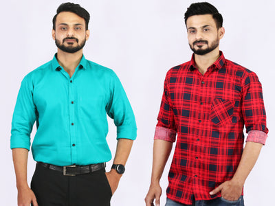Men's Cotton Red Check & Rama Green Plain Shirt Combo