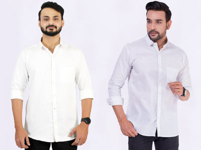 Men's Cotton White Dotted & White Plain Shirt Combo