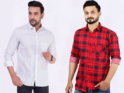 Men's Cotton White Dotted Red Check Shirt Combo