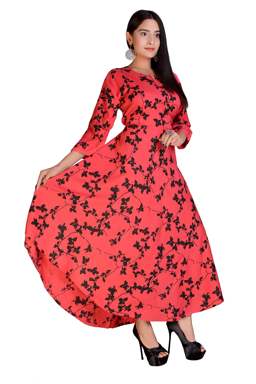 Red Printed Fashionable Long Dress