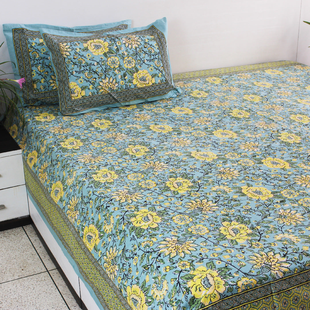 Cotton Double and King Bedsheet Set | Big Yellow Floral Print