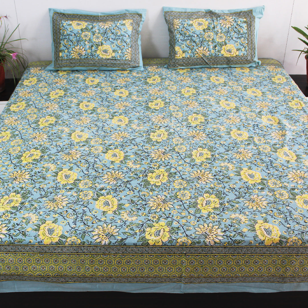 Cotton Double and King Bedsheet Set | Big Yellow Floral Print