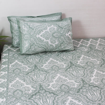 Cotton King Bedsheet Set | Modern Lotus Mehndi Pastel | 108 x 108 Inch