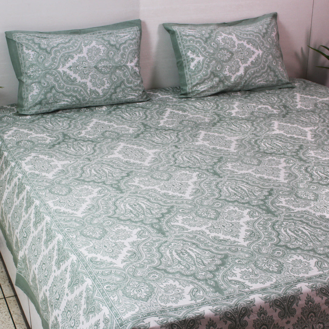 Cotton King Bedsheet Set | Modern Lotus Mehndi Pastel | 108 x 108 Inch