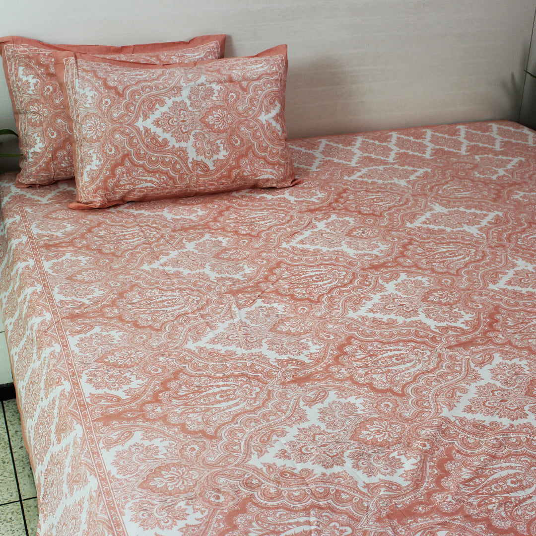 Cotton King Bedsheet Set | Modern Lotus Peach Pastel | 108 x 108 Inch
