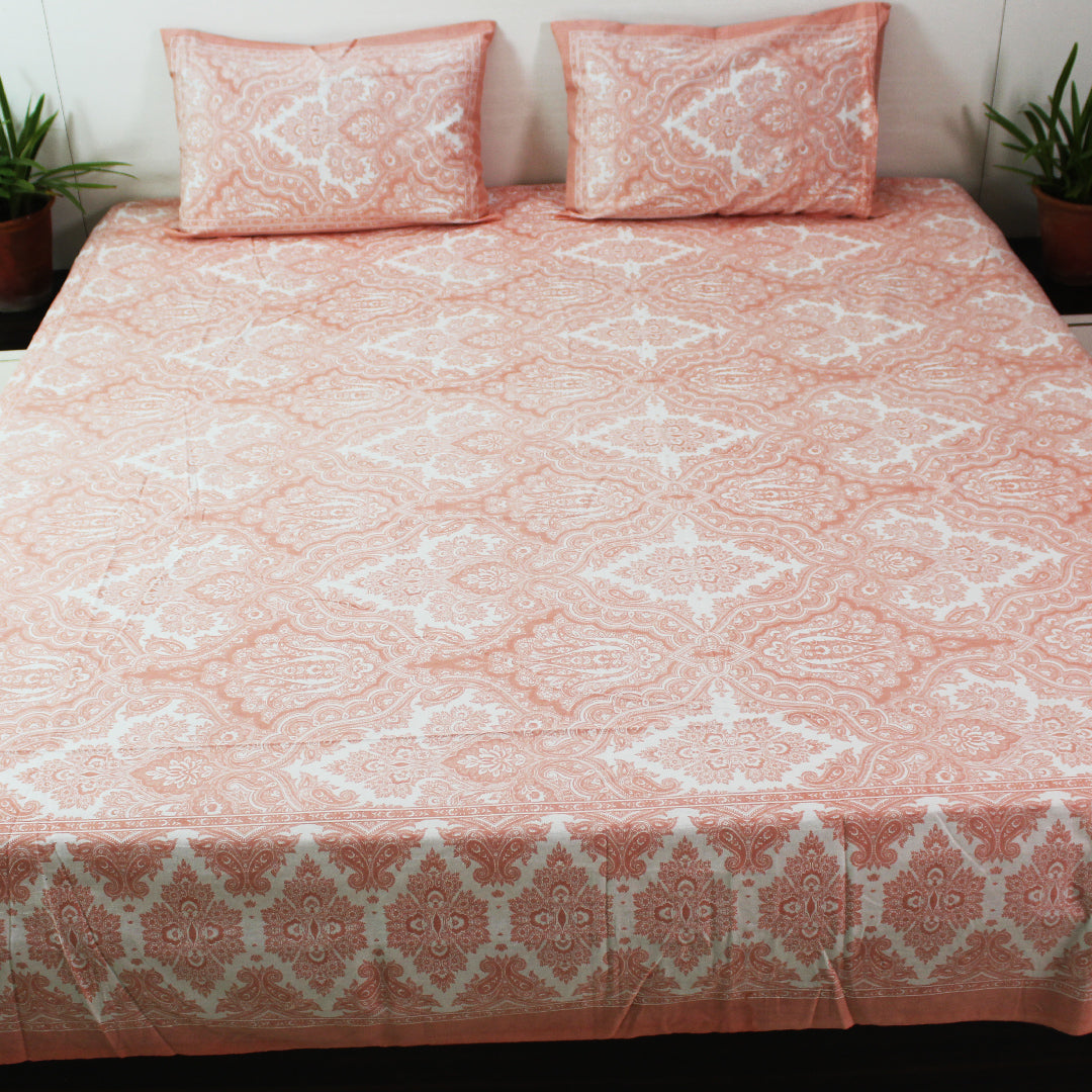 Cotton King Bedsheet Set | Modern Lotus Peach Pastel | 108 x 108 Inch