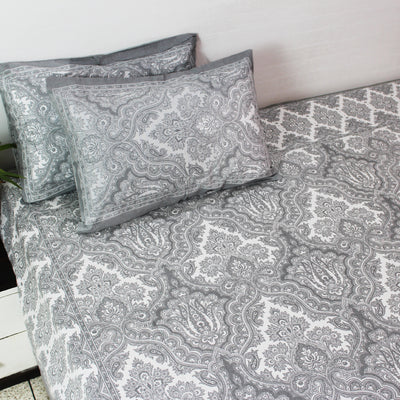 Cotton King Bedsheet Set | Modern Lotus Ash Grey Pastel | 108 x 108 Inch