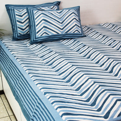Cotton King Bedsheet Set | Classic Chevron Pastel Blue | 108 x 108 Inch