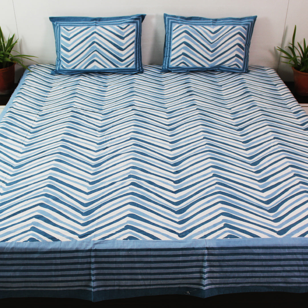 Cotton King Bedsheet Set | Classic Chevron Pastel Blue | 108 x 108 Inch