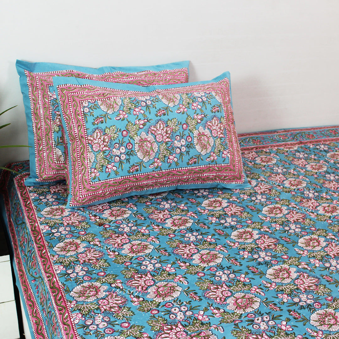 Cotton Double and King Bedsheet Set | Pastel Blue Big White Red Floral Print