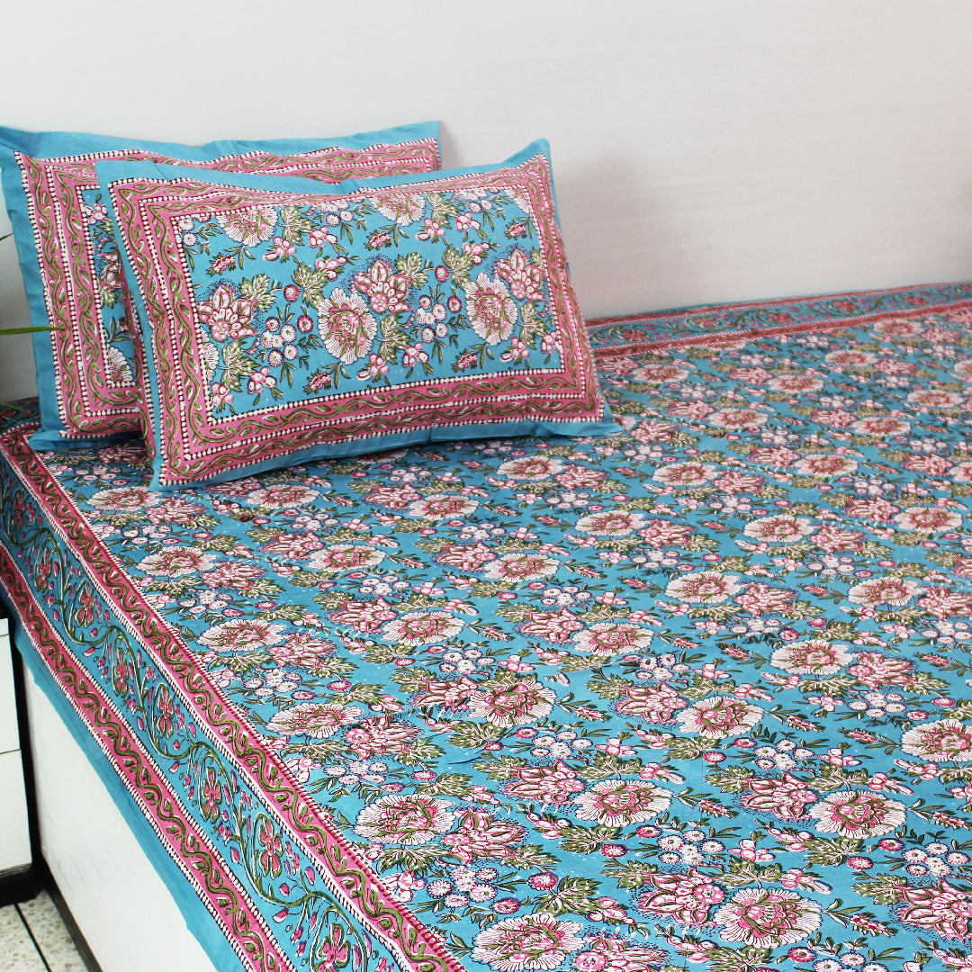 Cotton Double and King Bedsheet Set | Pastel Blue Big White Red Floral Print