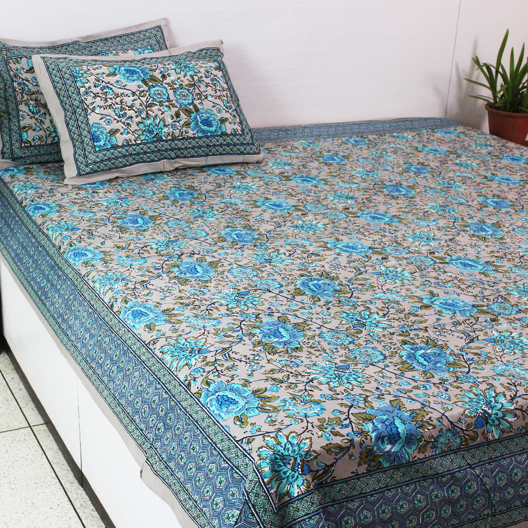 Cotton Double and King Bedsheet Set | Pastel Chocolate Big Florescent Blue Floral Print