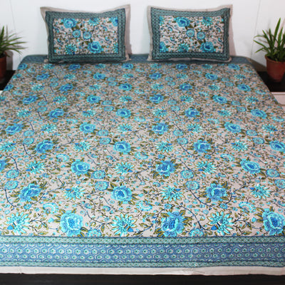 Cotton Double and King Bedsheet Set | Pastel Chocolate Big Florescent Blue Floral Print