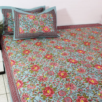 Cotton Double and King Bedsheet Set | Pastel Sea Green Big Red Yellow Floral Print