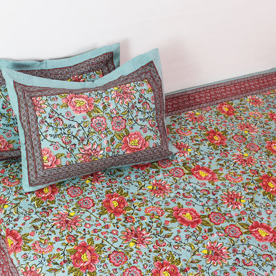 Cotton Double and King Bedsheet Set | Pastel Sea Green Big Red Yellow Floral Print