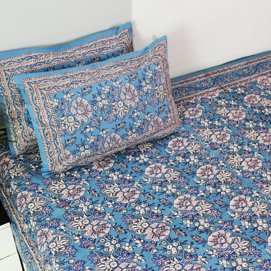 Cotton Double bedsheet set | Pastel Blue Big White Red Floral Print