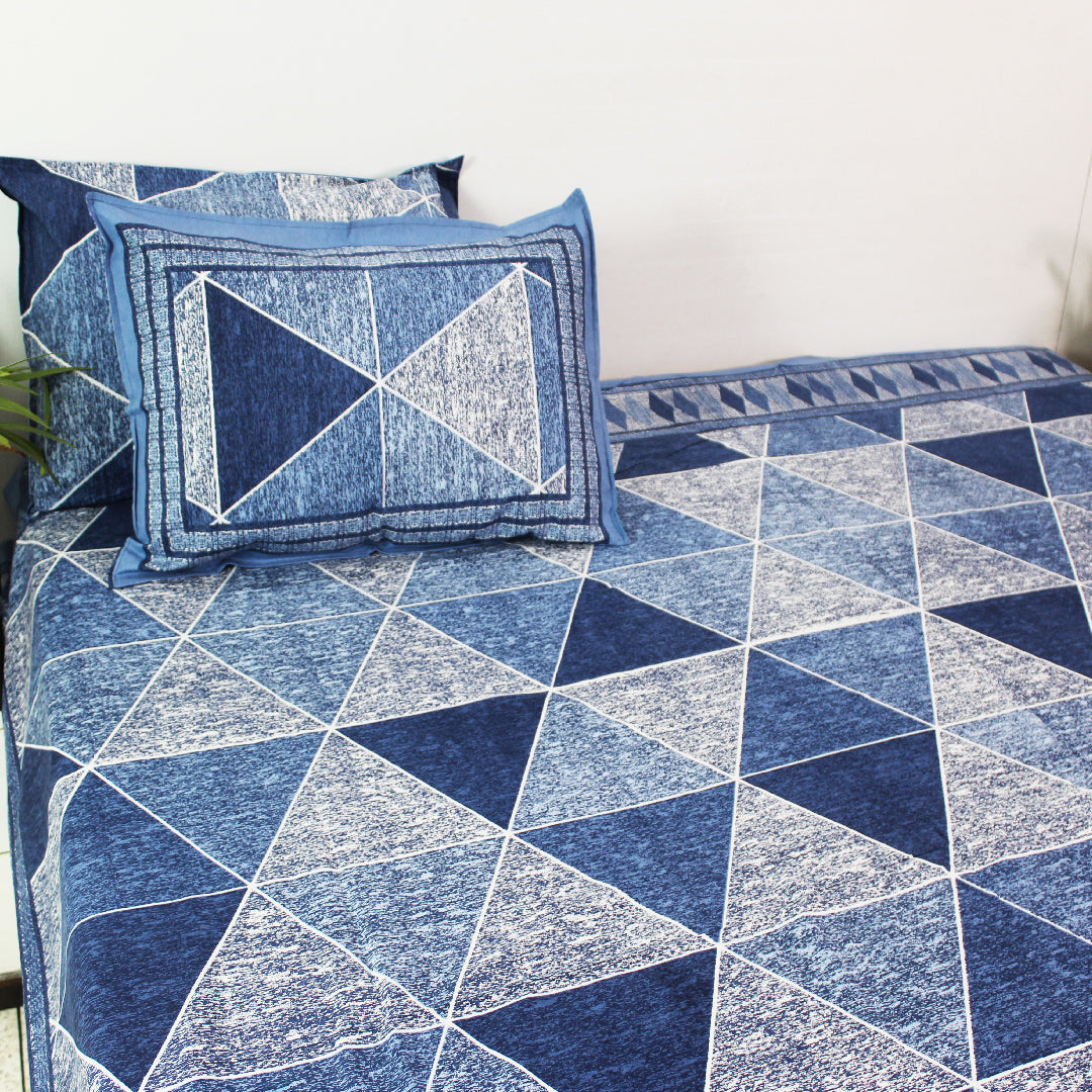 Cotton IKAT S. King Bedsheet Set | Classic Triangle Blue | 98 x 108 Inch