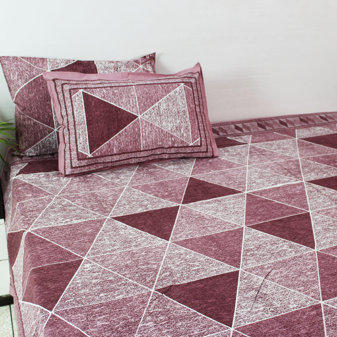 Cotton IKAT S.King Bedsheet Set | Classic Triangle Pink Reddish | 98 x 108 Inch