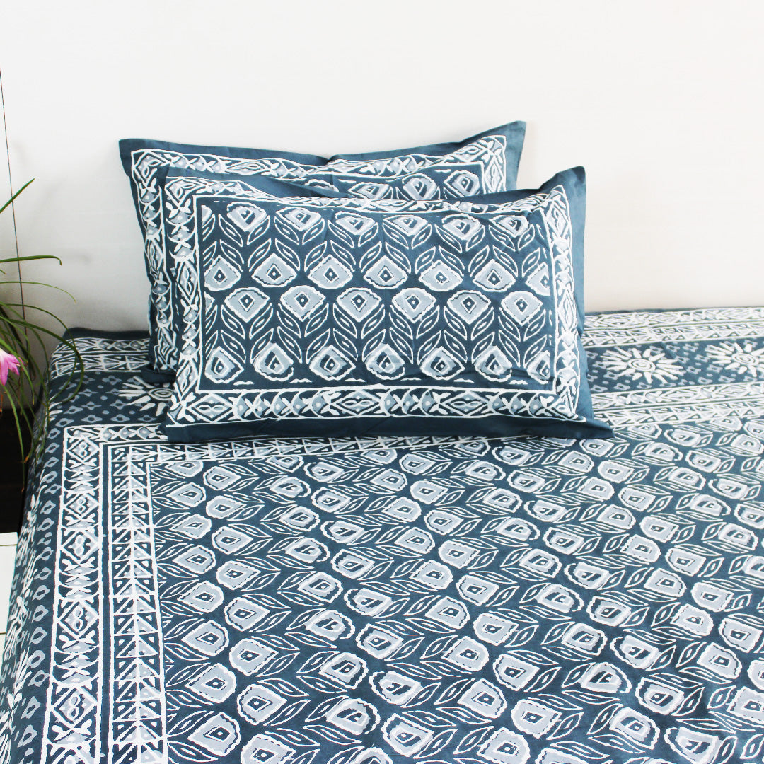 Dabu Block Cotton Bedsheet Set | Restless Sea Floral Sun | Double & King Size