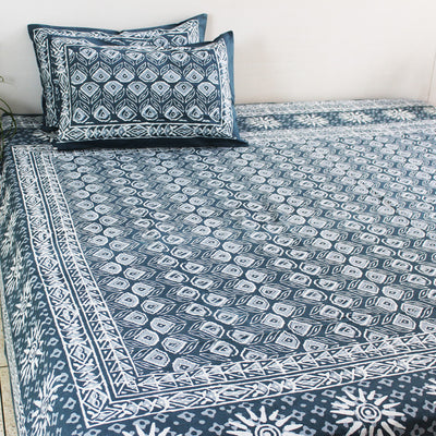 Dabu Block Cotton Bedsheet Set | Restless Sea Floral Sun | Double & King Size