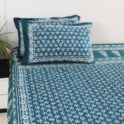 Dabu Block Cotton Bedsheet Set | Henna Green Boota | Double & King Size
