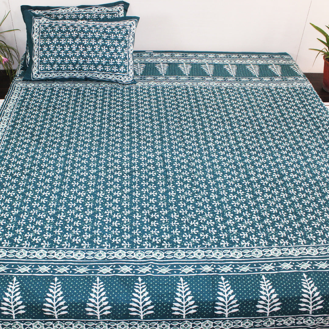 Dabu Block Cotton Bedsheet Set | Henna Green Boota | Double & King Size