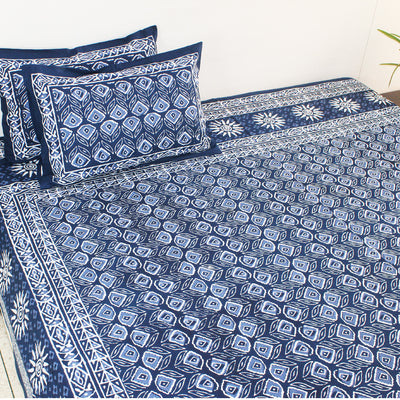 Dabu Block Cotton Bedsheet Set | Indigo Blue Floral Sun | Double & King Size