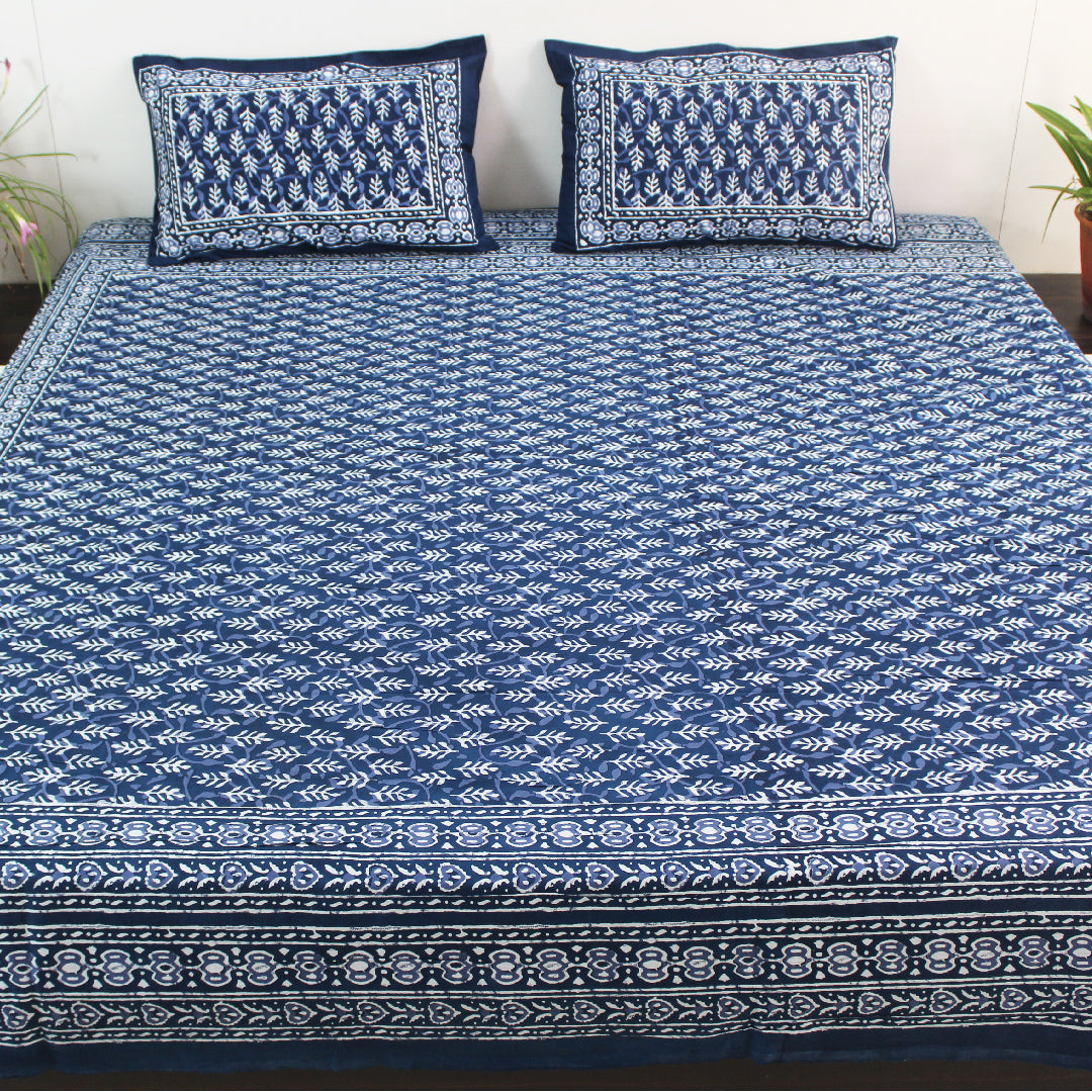 Dabu Block Cotton Bedsheet Set | Blue Rajasthani Leaf | Double & King Size