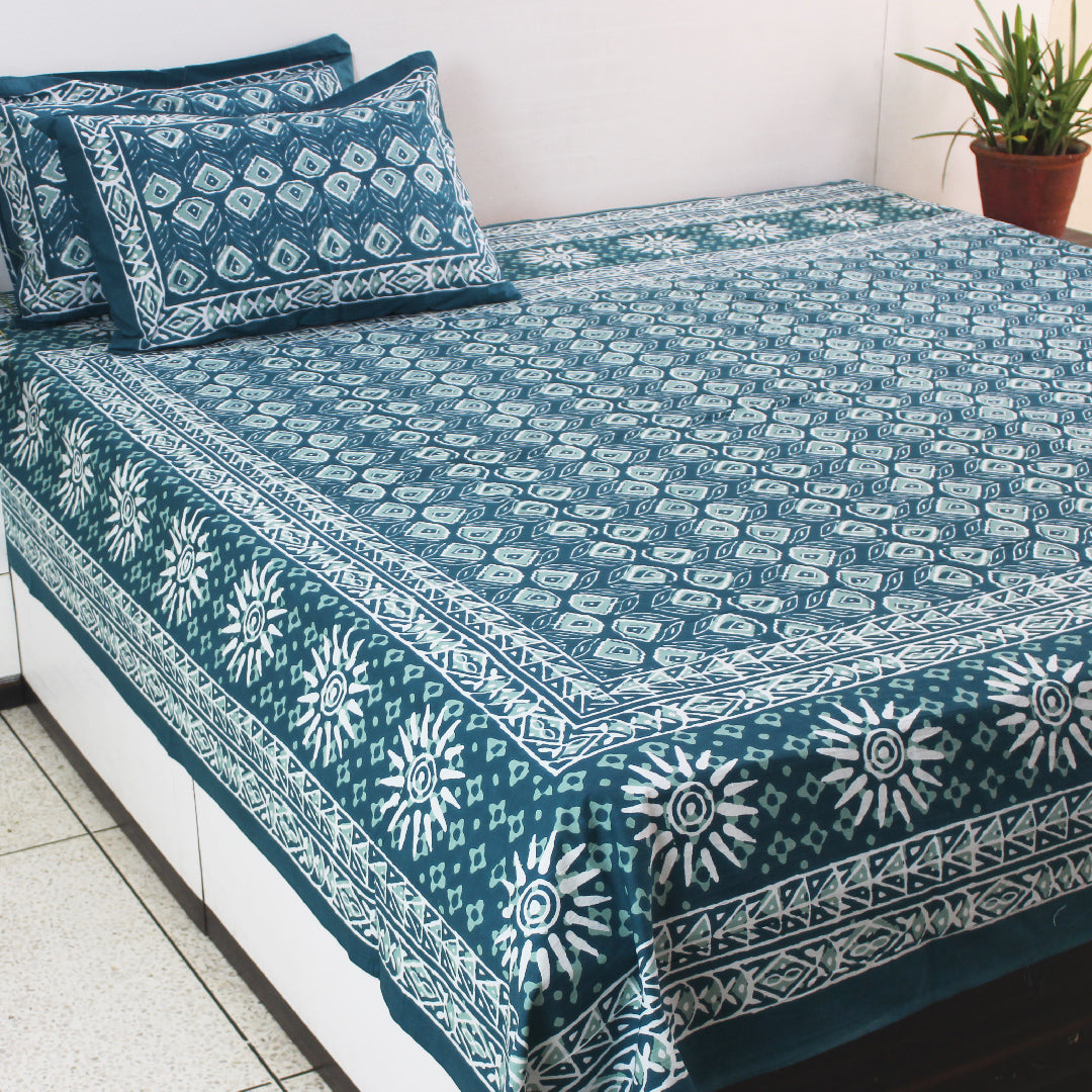Dabu Block Cotton Bedsheet Set | Green Moonga Floral Sun | Double & King Size
