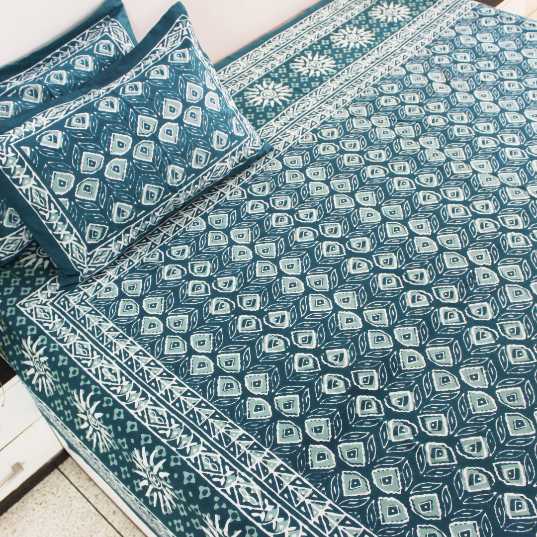 Dabu Block Cotton Bedsheet Set | Green Moonga Floral Sun | Double & King Size