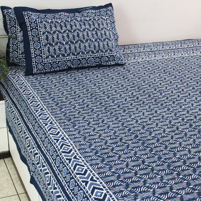 Dabu Block Cotton Bedsheet Set | Indigo Blue Modern Lines | Double & King Size