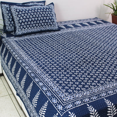 Dabu Block Cotton Bedsheet Set | Indigo Blue Boota | Double & King Size