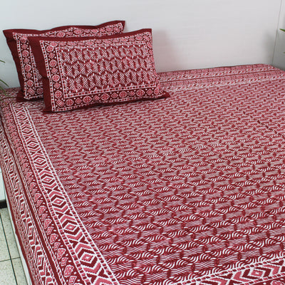 Dabu Block Cotton Bedsheet Set | Maroon Red Modern Lines | Double & King Size