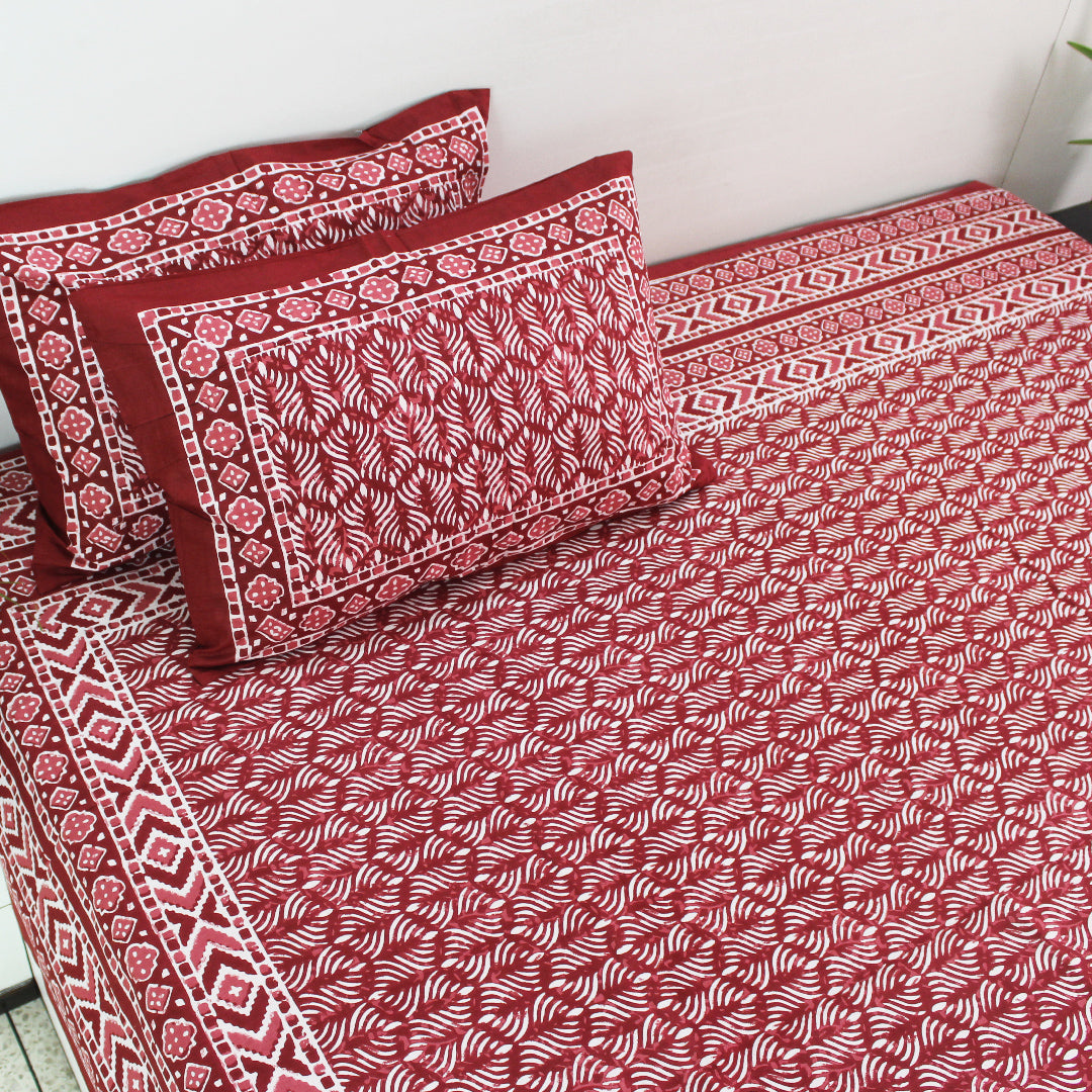 Dabu Block Cotton Bedsheet Set | Maroon Red Modern Lines | Double & King Size