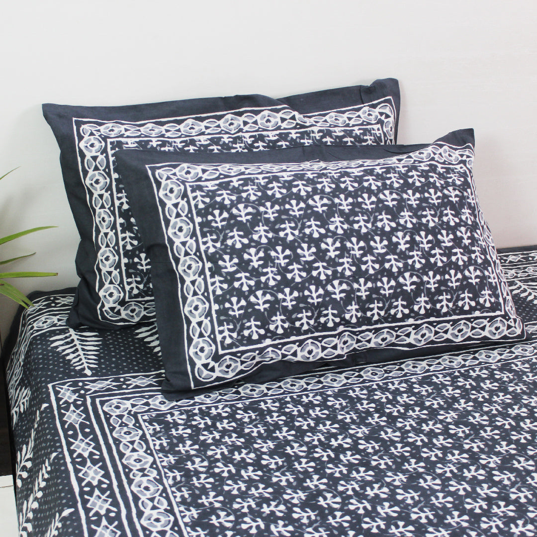 Dabu Block Cotton Bedsheet Set | Ash Grey Boota | Double & King Size