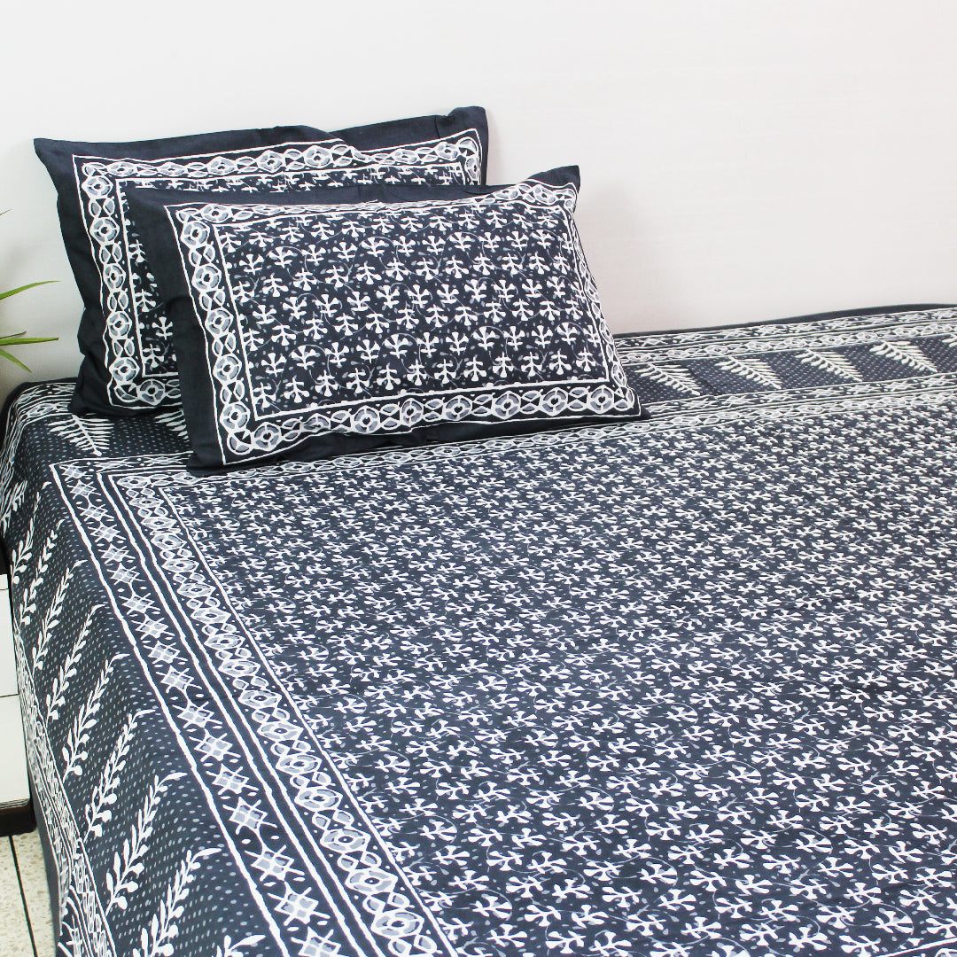 Dabu Block Cotton Bedsheet Set | Ash Grey Boota | Double & King Size