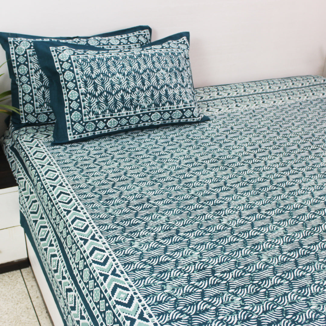 Dabu Block Cotton Bedsheet Set | Green Moonga Modern Lines | Double & King Size