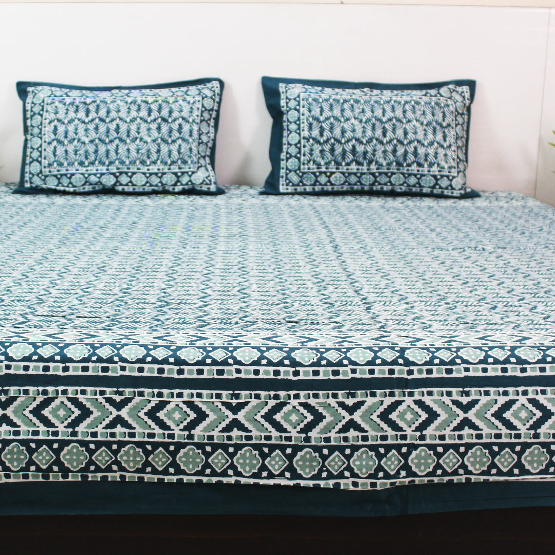 Dabu Block Cotton Bedsheet Set | Green Moonga Modern Lines | Double & King Size