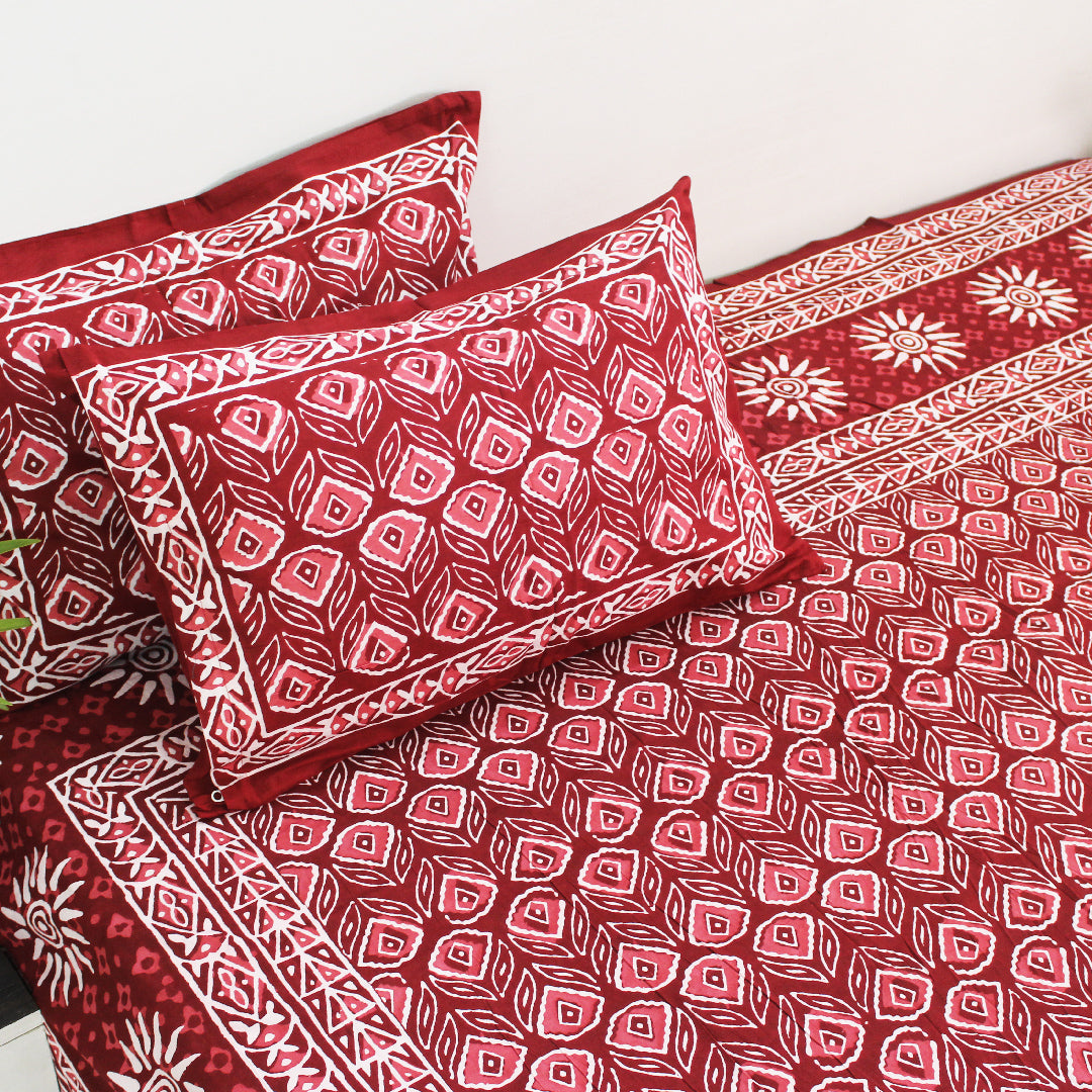 Dabu Block Cotton Bedsheet Set | Red Maroon Floral Sun | Double & King Size