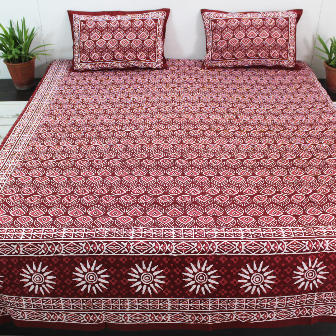 Dabu Block Cotton Bedsheet Set | Red Maroon Floral Sun | Double & King Size