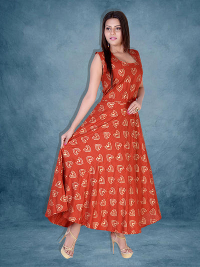 Women Rayon Maxi Long Dress Gold Print